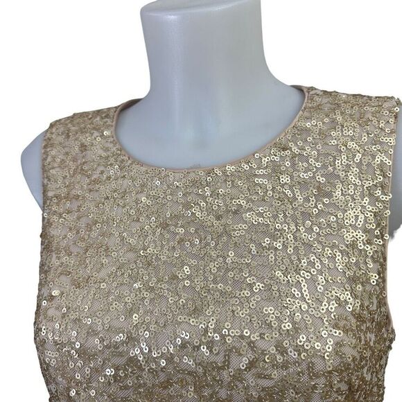 Eliza J Gold Sequin Sleeveless Flapper Dress Ruched Side Ruffled Hem Sz‎ 8 - Picture 4 of 10